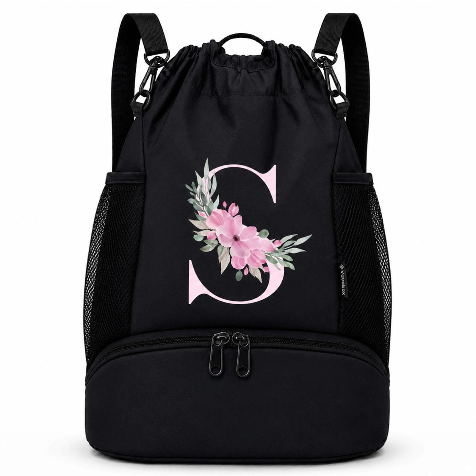 Vavabox Initial Drawstring Backpack Swim Bag Gift for Girls (Black) (S)