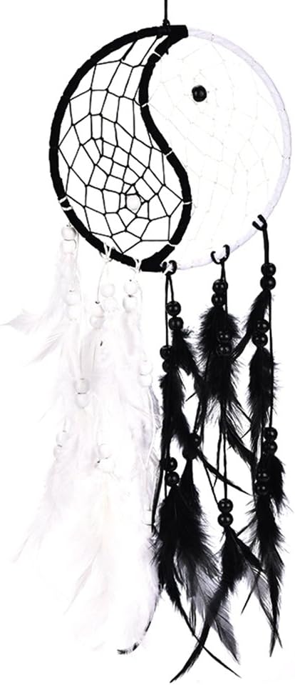 Buytra Handmade Yin Yang Dream Catcher Circular Net with Feathers Beads for Wall Car Hanging Decoration Ornament Craft Gift, Black and White
