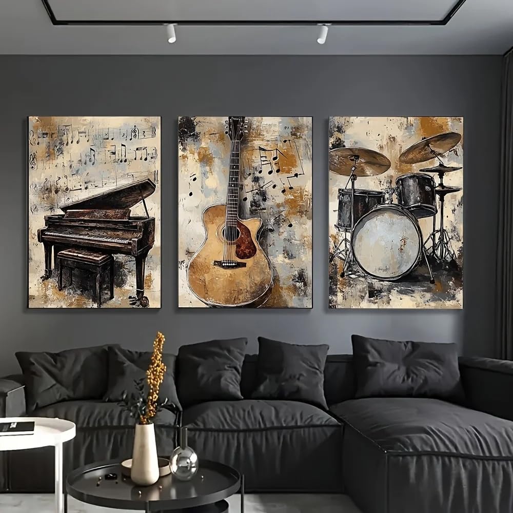ZHUOYA Set di quadri da parete con strumenti musicali d'epoca, stampati su tela - Decorazione rustica con chitarra, pianoforte e batteria (80x120cmx3/senza cornice)