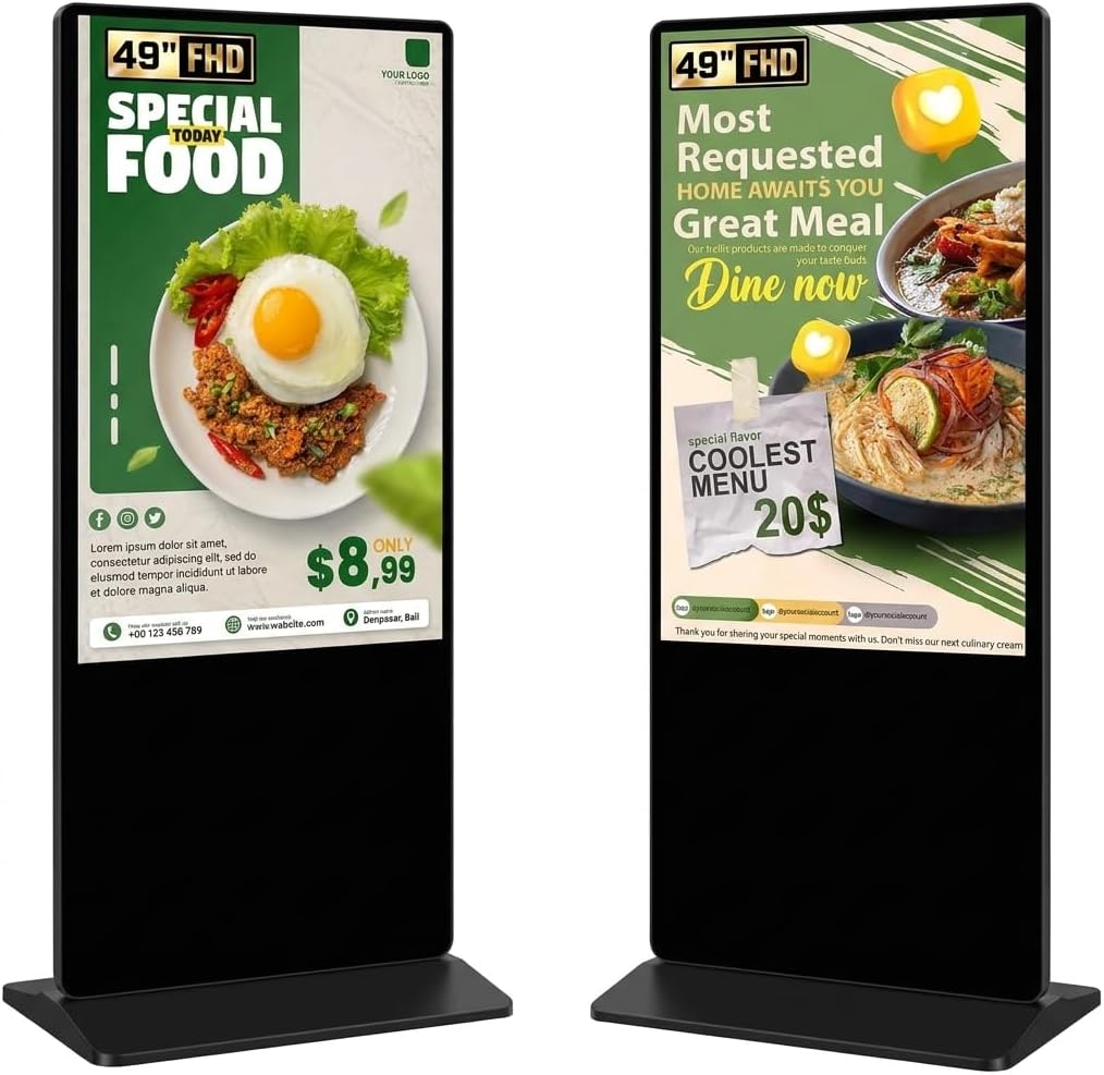 49" Digital Signage Display, Freestanding Advertising Player with 4 Wheels, 450 Nits FHD LCD Commercial Digital Kiosk Poster, WiFi/HDMI/USB, Android OS, Ideal for Retail Restaurants & Malls