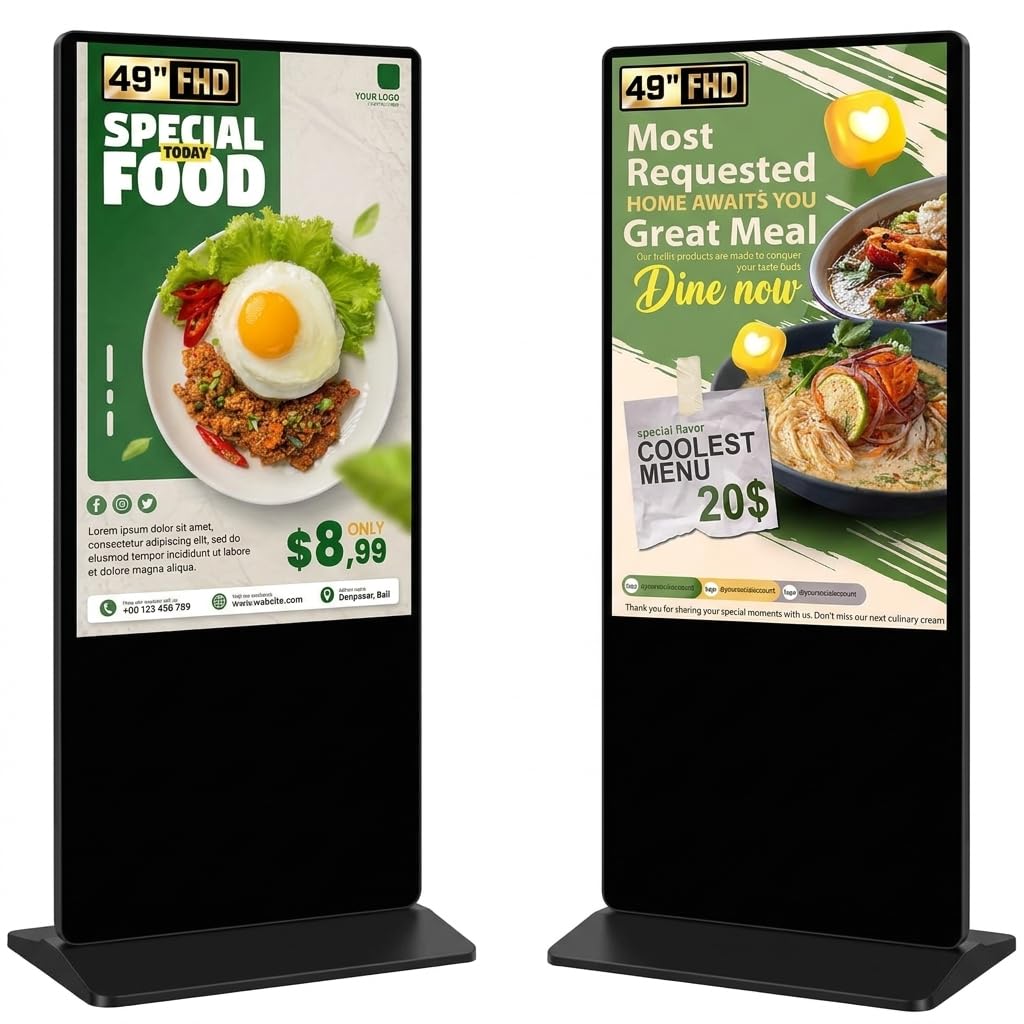 49" Totem Pubblicitario Digitale FHD, 450 Nits Digital Signage Mobile con 4 Ruote, Display LCD Professionale 24/7, Android OS, Plug&Play USB/WiFi/HDMI, Ideale per Vetrine Negozi e Ristoranti