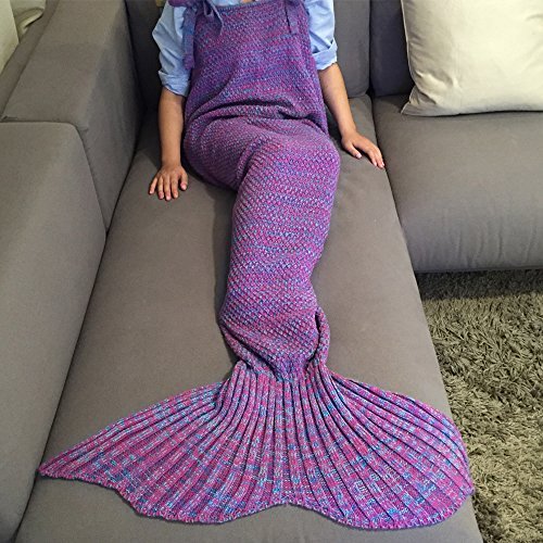 FEESHOW Handcrafted Crochet Knitting Mermaid Tail Blanket Sofa Blanket Rug Soft Sleeping Bag for Adult Teens, 71.6