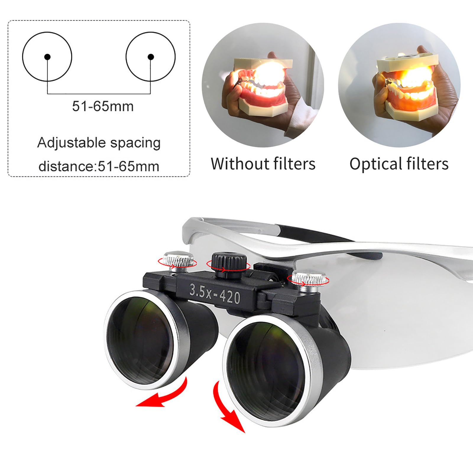 Lupa Binocular Dental, Lupa De Laboratorio De 2,5X/3,5X, con Linterna Frontal Led Estéreo De 5W, Distancia De Trabajo De 320-420mm, 4 Niveles De Brillo Ajustable Silver-3.5X