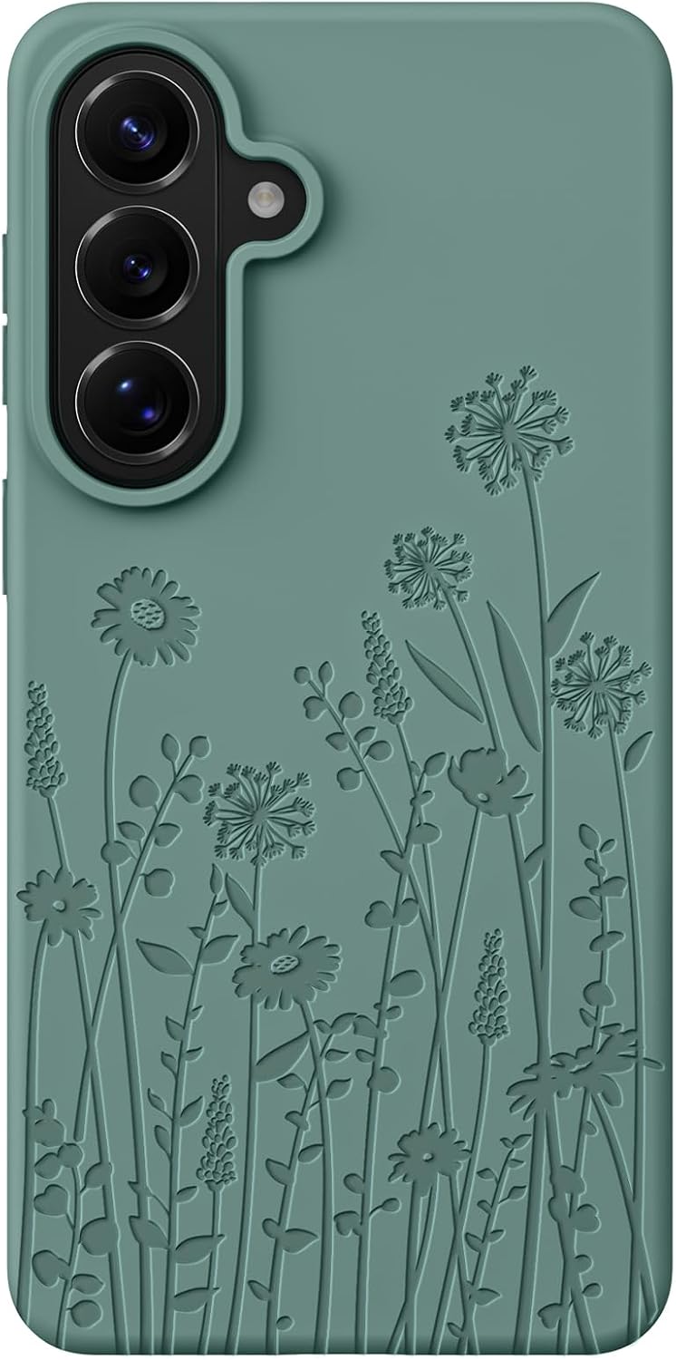 for Samsung Galaxy S26 Plus Case Compatible with MagSafe, Engraved Floral Liquid Silicone Design Thin Slim Grip Soft Shock Proof Phone Case for Women Girl Cute, Midnight Green