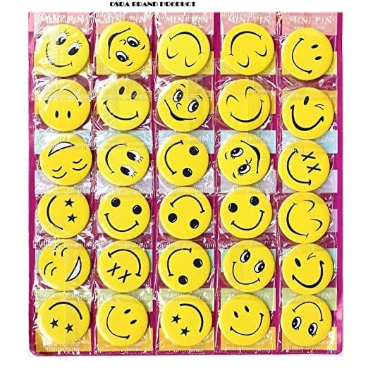 Pack of 90-4 cm Smiley Emoji Colourful Badge - Set of 90 - Birthday, Office and Theme Party (Yellow)