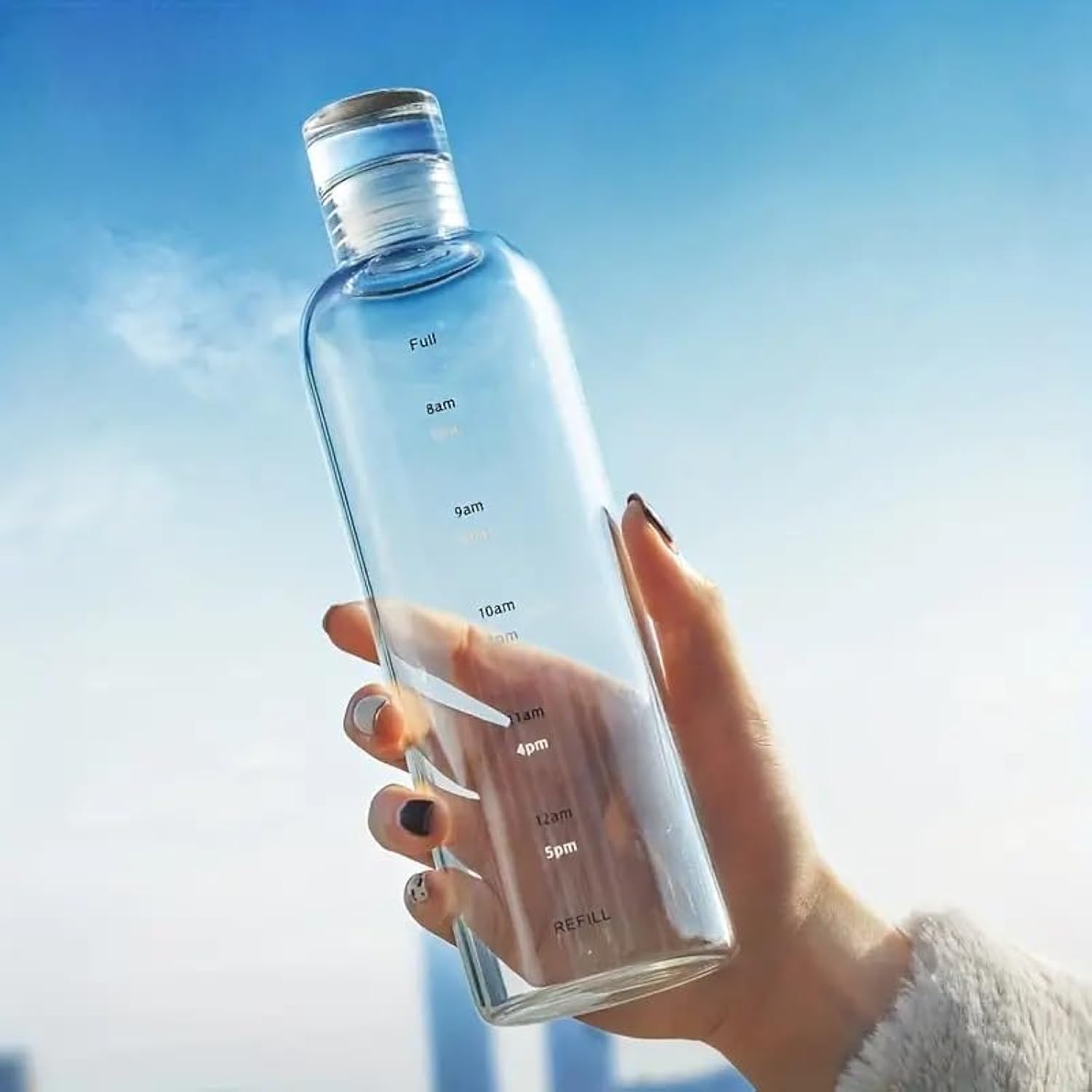 Transparent,lightweight time marked Motivational 500 ml Sports Water Bottle.Cork type lid,leakproof.Cute sturdy for water,juice,coffee school,office,picnic. Fridge bottle. BPA Free Plastic.Hygienic
