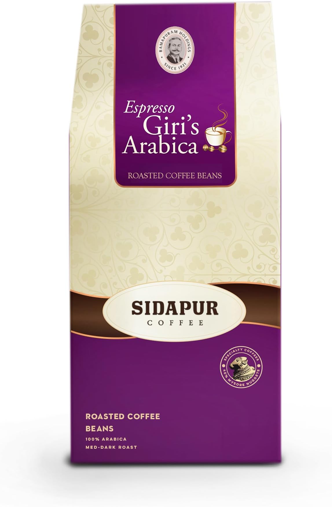 Sidapur - Espresso Giri’s Arabica - Roasted Whole Bean - 100% Arabica - With 40% Mysore Nuggets (Indian Speciality Coffee) - Medium - Dark Roast - for Espresso Machine - 500gms
