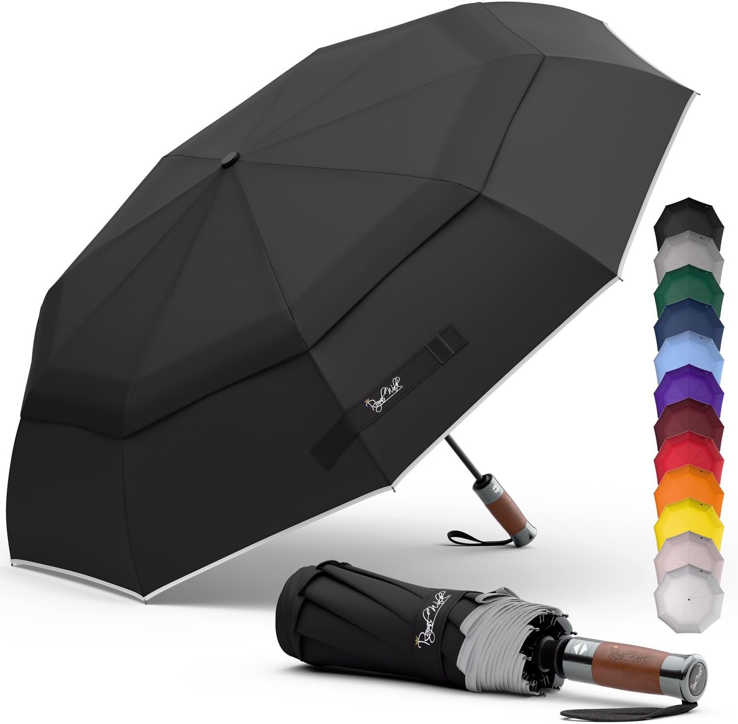 Windproof Folding Travel Umbrella Compact and Strong Luxurious Real Wood Handle Automatic Open Close Vented Double Canopy for Men and Women