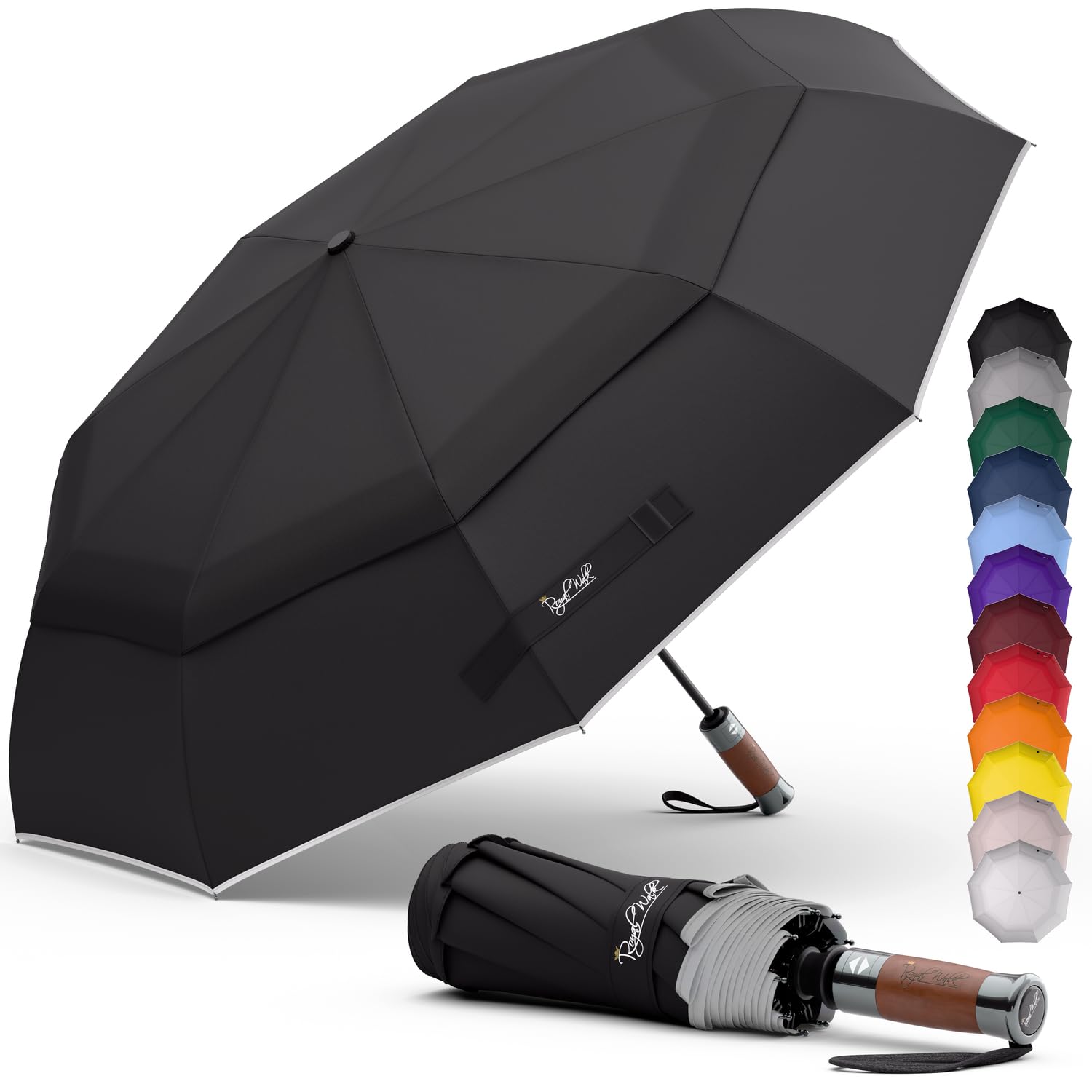 Windproof Folding Travel Umbrella Compact and Strong Luxurious Real Wood Handle Automatic Open Close Vented Double Canopy for Men and Women