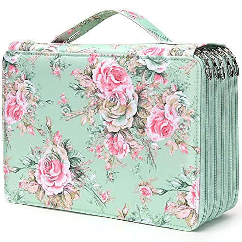 Image of Vomgomfom Colored Pencil Case - 252 Slots Pencil Holder with Zipper Closure Twill Fabric Large Capacity Pencil Case for Watercolor Pens or Markers, Pencil Case Organizer for Artist (Green Rose)