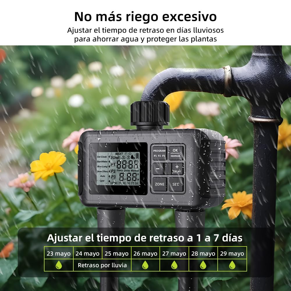 Uzoli Programador riego 2 Salidas, Temporizador de riego automático a Pilas | Programación independiente para 2 zonas • Retraso por lluvia • Modo manual • Para jardín, césped, huerto elevado, invernadero