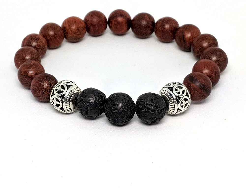 Aromatherapy Diffuser Bracelet: Premium Lava Stone & Wood Bead Essential Oil Bracelet with Silver Peace Beads (Large, Rosewood)