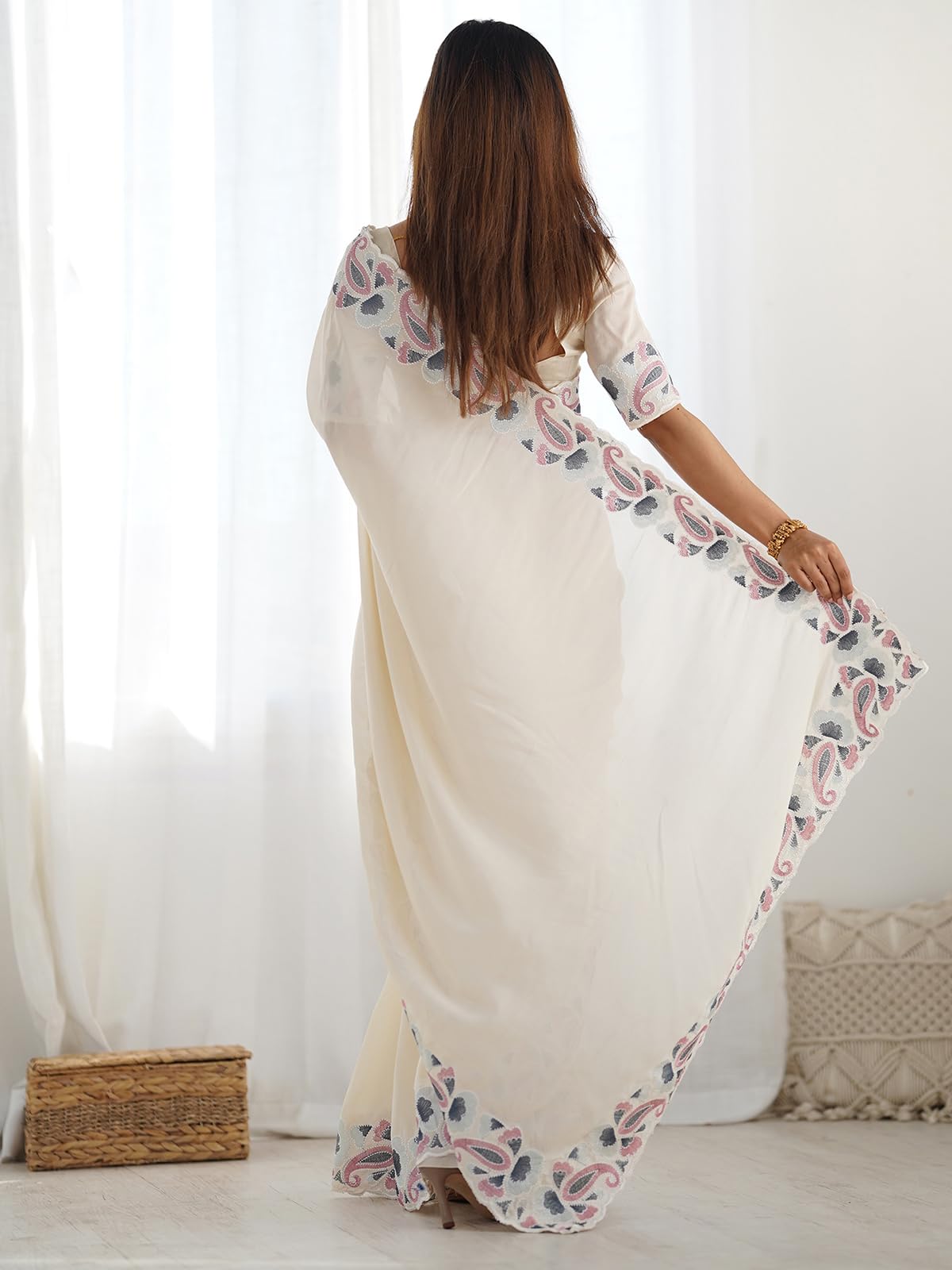 Satrani Women's Silk Blend Embroidery Saree With Unstitched Blouse Piece (4135S146N_Ivory)