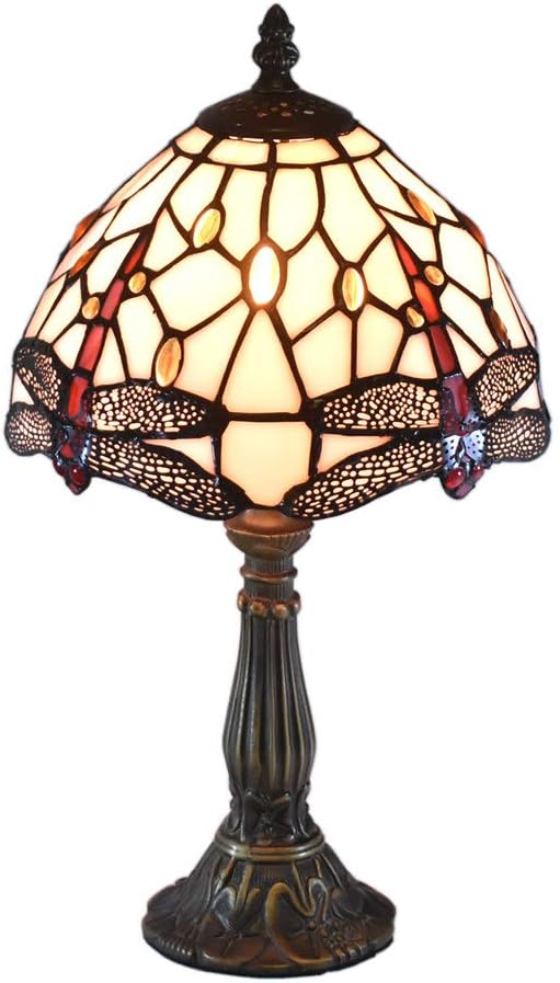 ATREUS Tiffany Style Lamps Dragonfly Desk Light 15 Inches Tall 8 Inches Wide Stained Glass Shade with Crystal Beads Lighting Fixture for Home Coffee Bed Room College Dorm Decoration (White)