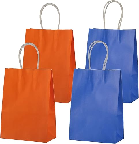 Bolsas de papel para recuerdos de fiesta, bolsas de regalo de papel kraft con asa, pequeñas, 8.3 x 5.9 x 3.2 pulgadas, paquete de 16 (naranja, azul)