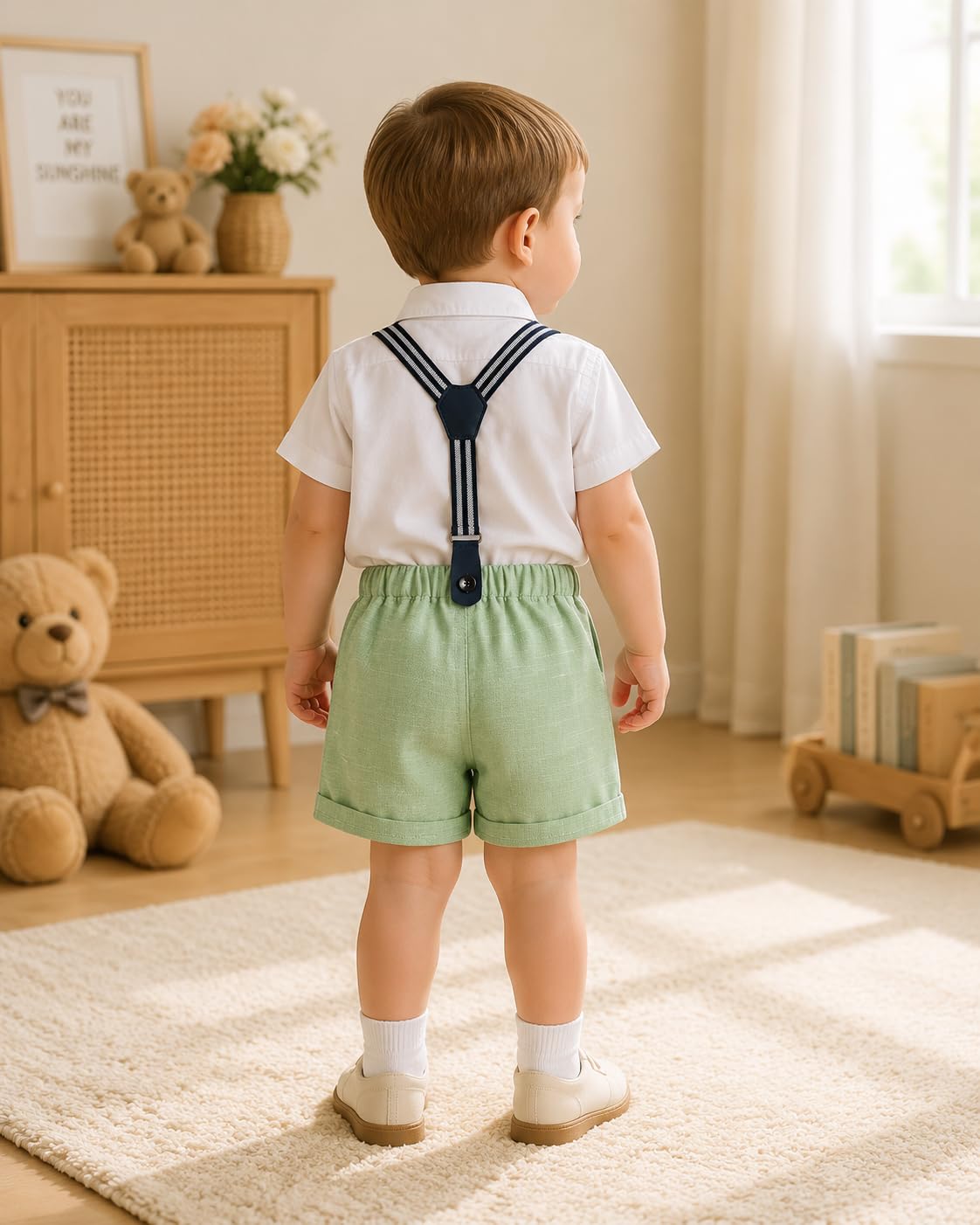 mintgreen Bébé Garçon Gentilhomme Tenu Ensemble Manche Courte Nœud Papillon Chemises Bretelles Un Pantalon Costume de Mariage, Taille: 1-4 Ans