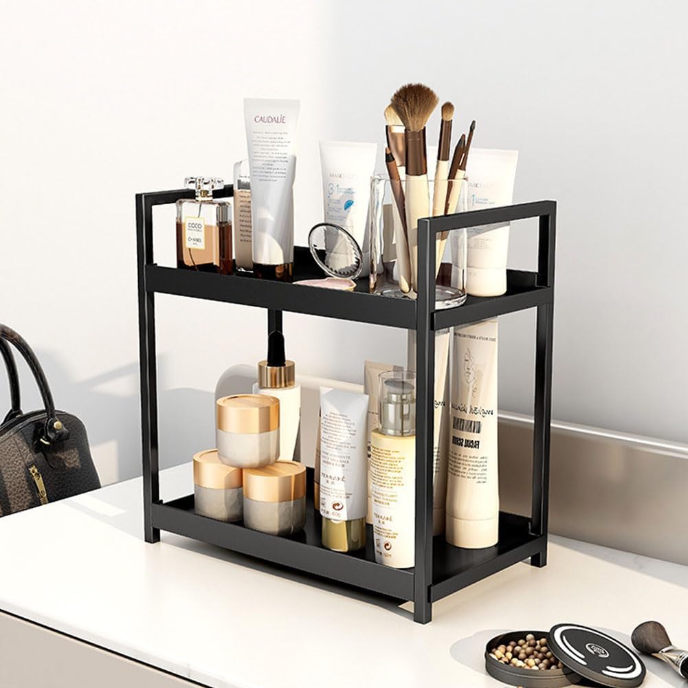 2-Tier Bathroom Countertop Organizer, Bedroom Storage Tray or Kitchen Spice Rack， Organizer Perfume Skincare for Dresser Vanity Tray (Black)