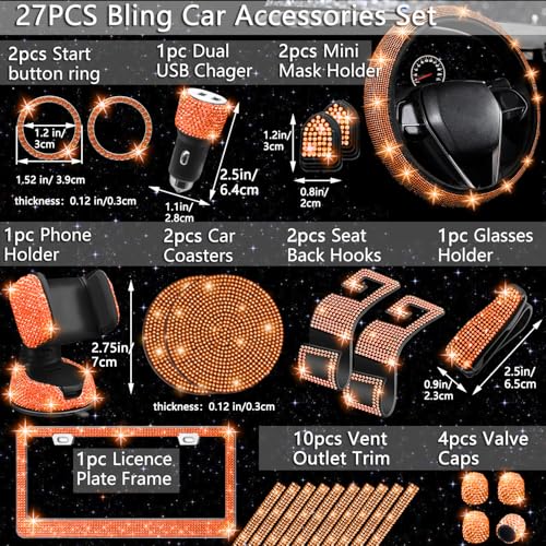 Image of NBTEPEM 27 PCs Orange Bling Car Accessories Set for Women, Steering Wheel Covers Universal Fit 15 Inch, Bling License Plate Frame, Bling Phone Holder, Bling Car Coasters (Orange Diamond)