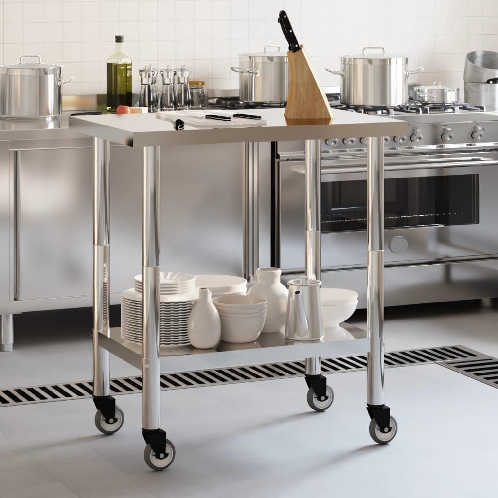Mesa de trabajo de cocina con ruedas de acero inoxidable, 82,5 x 55 x 85 cm, mesa de gastro móvil para cocina grande y restaurante, con estante, ideal para catering, cantina, panadería y bar