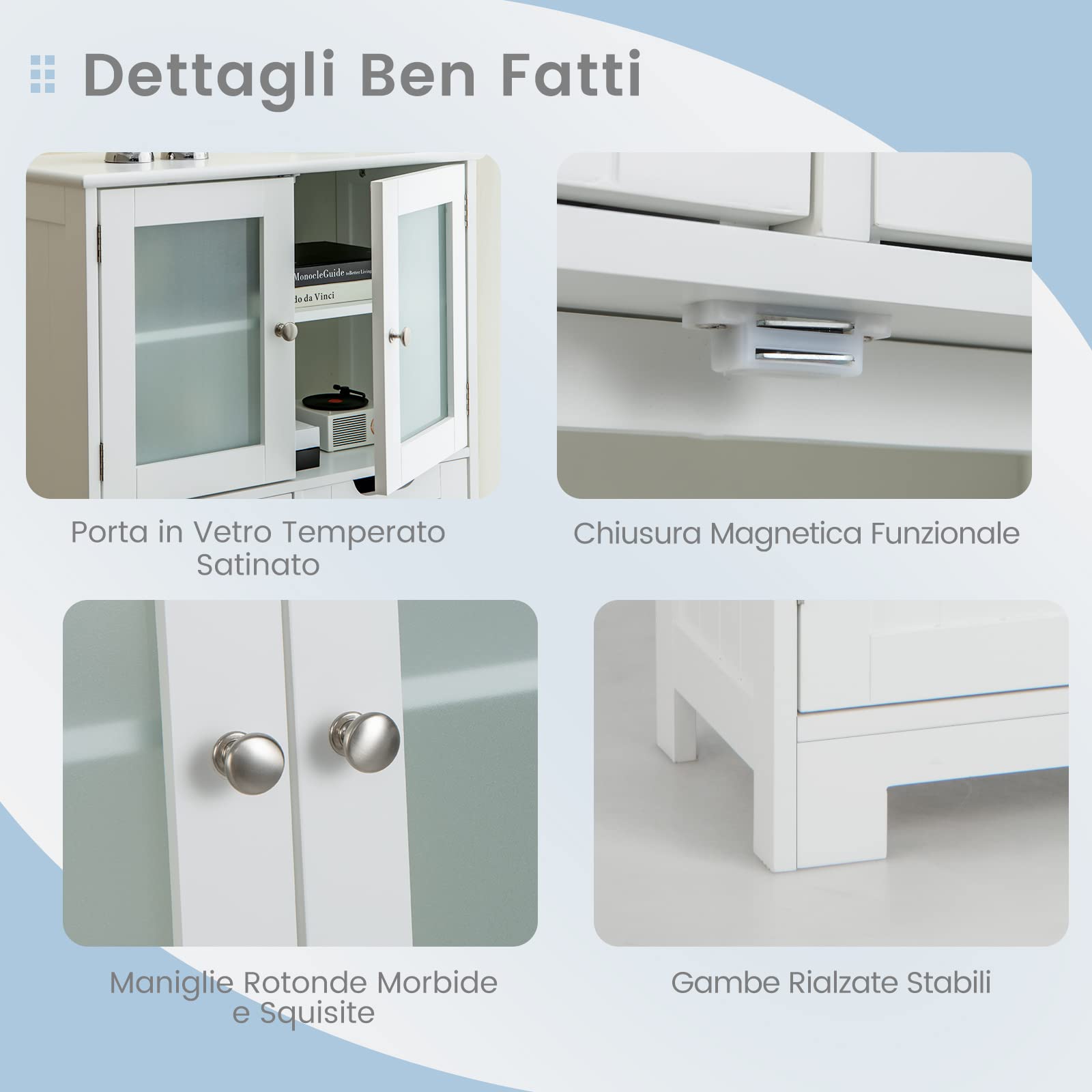 COSTWAY Armadio da Terra con 4 Ante, Mobile da Bagno con 2 Ante in Vetro 2 Cassetti e Ripiani Regolabili, Armadio Multifunzionale per Bagno e Soggiorno (Bianco, 60x30x128cm)