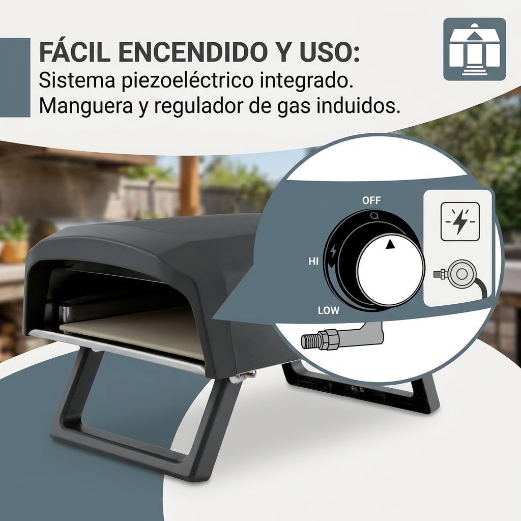 Tarrington House Horno de Gas para Pizza Fornaro, Acero Negro, 64 x 41 cm, con Piedra Cerámica 33 x 33 cm, Quemador 4 kW, Patas Plegables