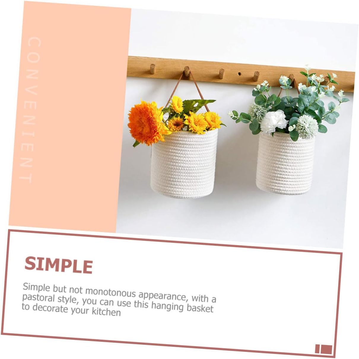 Woven Basket Wall Decor 2pcs Cotton Hanging Storage Baskets Flower Holder for Kitchen Living Room