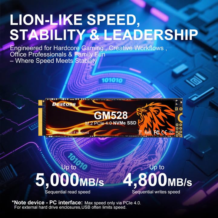 Bestoss 2TB M.2 SSD NVMe PCIe 2280 Internal Solid State Hard Drive, Up to 5000 MB/s, 3D NAND SLC Cache, SSD for Gaming PC Storage, Business Laptop, Home Entertainment, Creative Workflow GM528 - Image 3