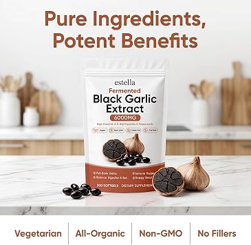 estella Fermented Black Garlic Extract, 90-Day Matured with S-Allyl Cysteine, Odorless Garlic Supplement for Daily Digestive Balance, Vegetarian, All-Natural, Non-GMO, 300 Softgels(1pcs)