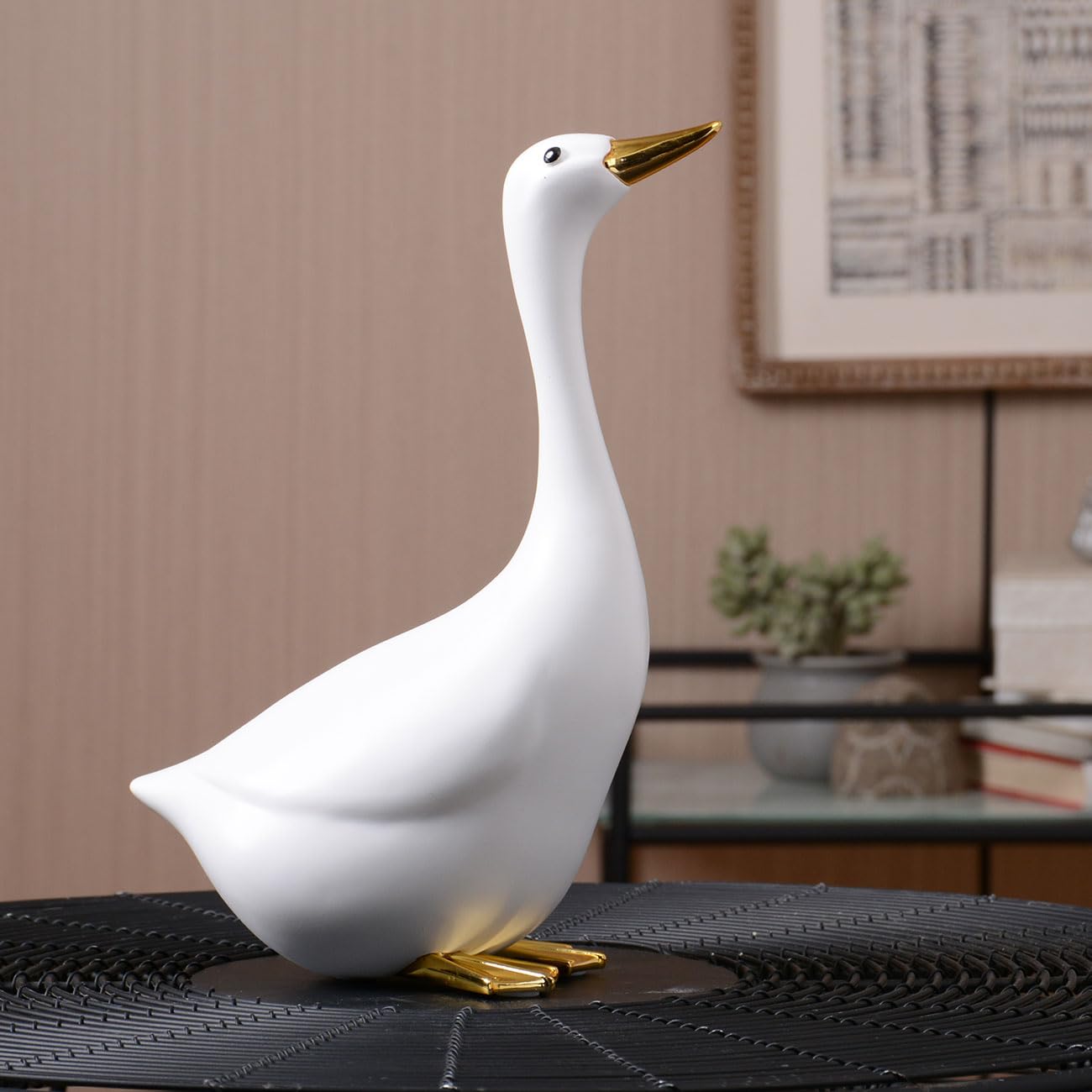 Pato Escultura Figura Animal Estatua Moderno Arte Decoración 25cm | Resina Blanco Hogar Adorno Interior Artesanal Festivo Regalo para Estanterías Escritorio Mesa