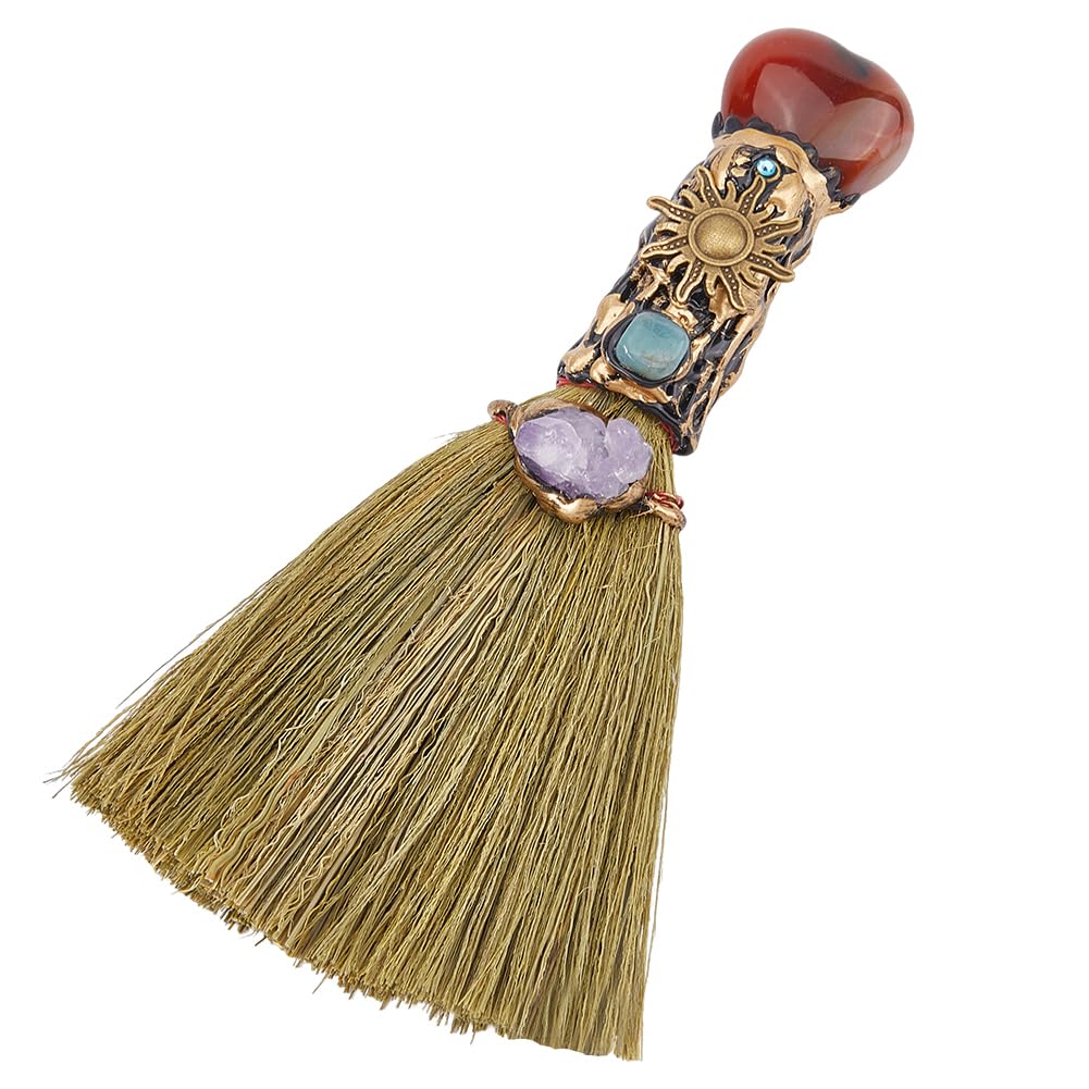 GORGECRAFT Natural Carnelian Magic Sweeper Broom Mini Broom Halloween Display Decor Faux Amethyst Crystal Witches Broomstick Witches Accessory for Costume Cosplay Party Cleaning Bedroom Office Home