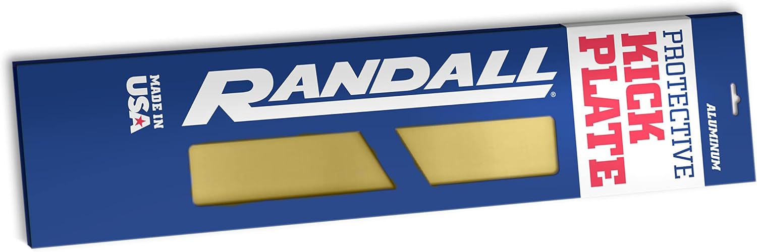 Randall Manufacturing Co., Inc | Brass Plated Kick Plate | 8” x 34” | Heavy Gauge Aluminum | Bright Gold Finish | Mounting Holes & Screws Included for Installation | Protects from Marks & Scratches