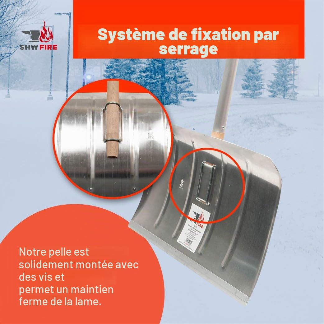 SHW-FIRE Pelle à neige en aluminium de 50 cm avec poignée ergonomique, manche et bord profilé, idéale pour les grandes quantités de neige sur les trottoirs et les allées. Fabriquée en Allemagne