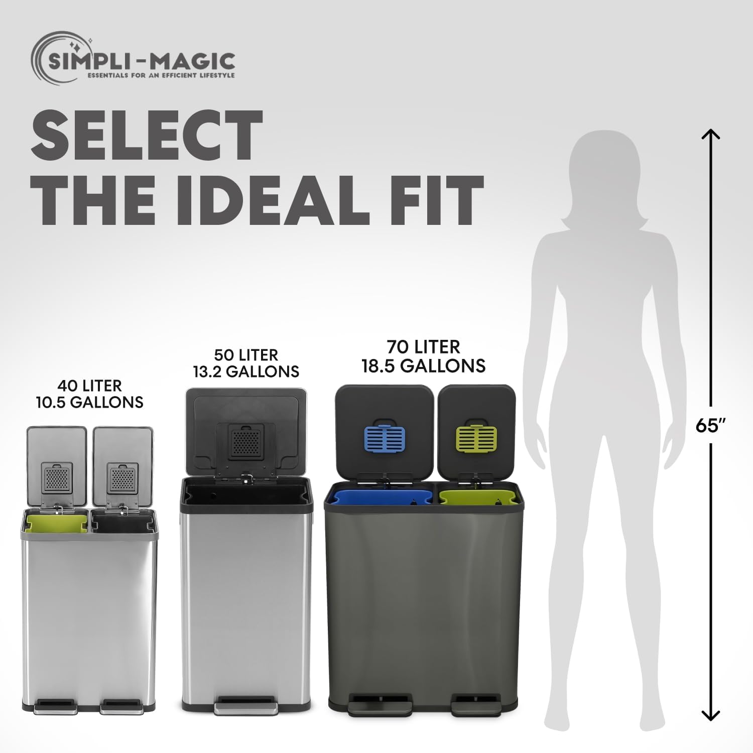 70 Liter / 18.5 Gallon Rectangular Hands-Free Dual Compartment Recycling Kitchen Step Trash Can with Soft-Close Single Lid, Stainless Steel (40L x 30L Capacity) Elegant Black Finish - Image 4