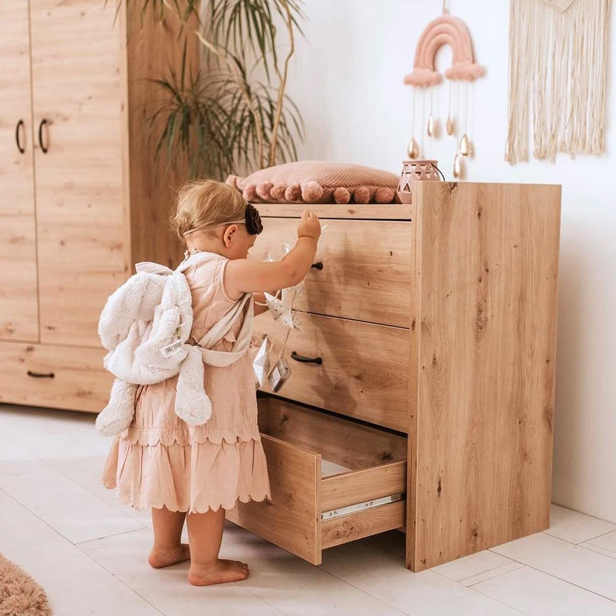 AMELIA - Cómoda de bebé con cambiador extraíble y 3 cajones, roble