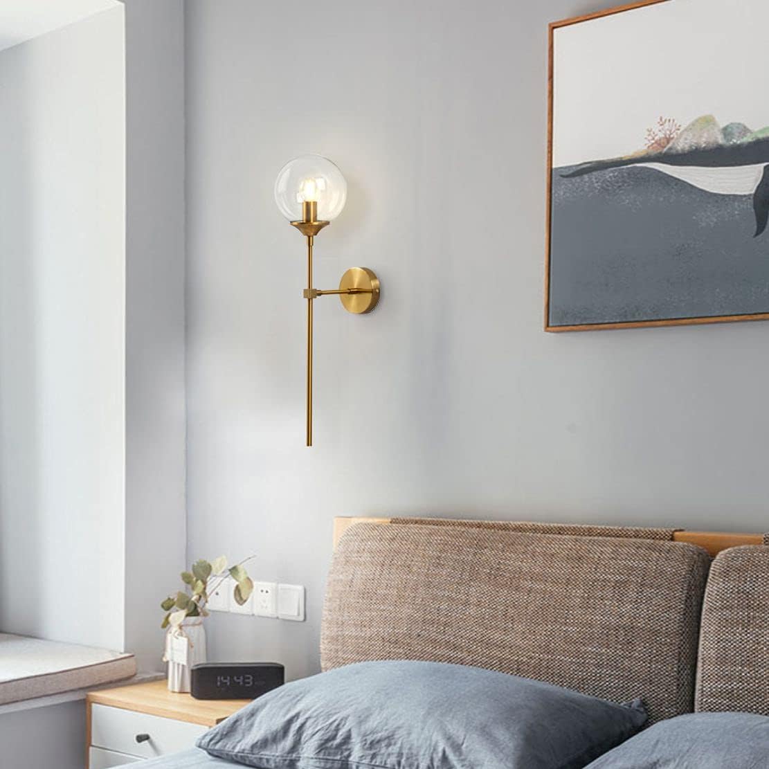 BOKT Clear Bubble Glass Globe Wall Mounted Sconce Light Set of 2 Modern Brass Gold Long Pole Wall Sconce Lighting Set of Two Mid Century Vintage Bathroom Mirror Wall Lamp (Clear)