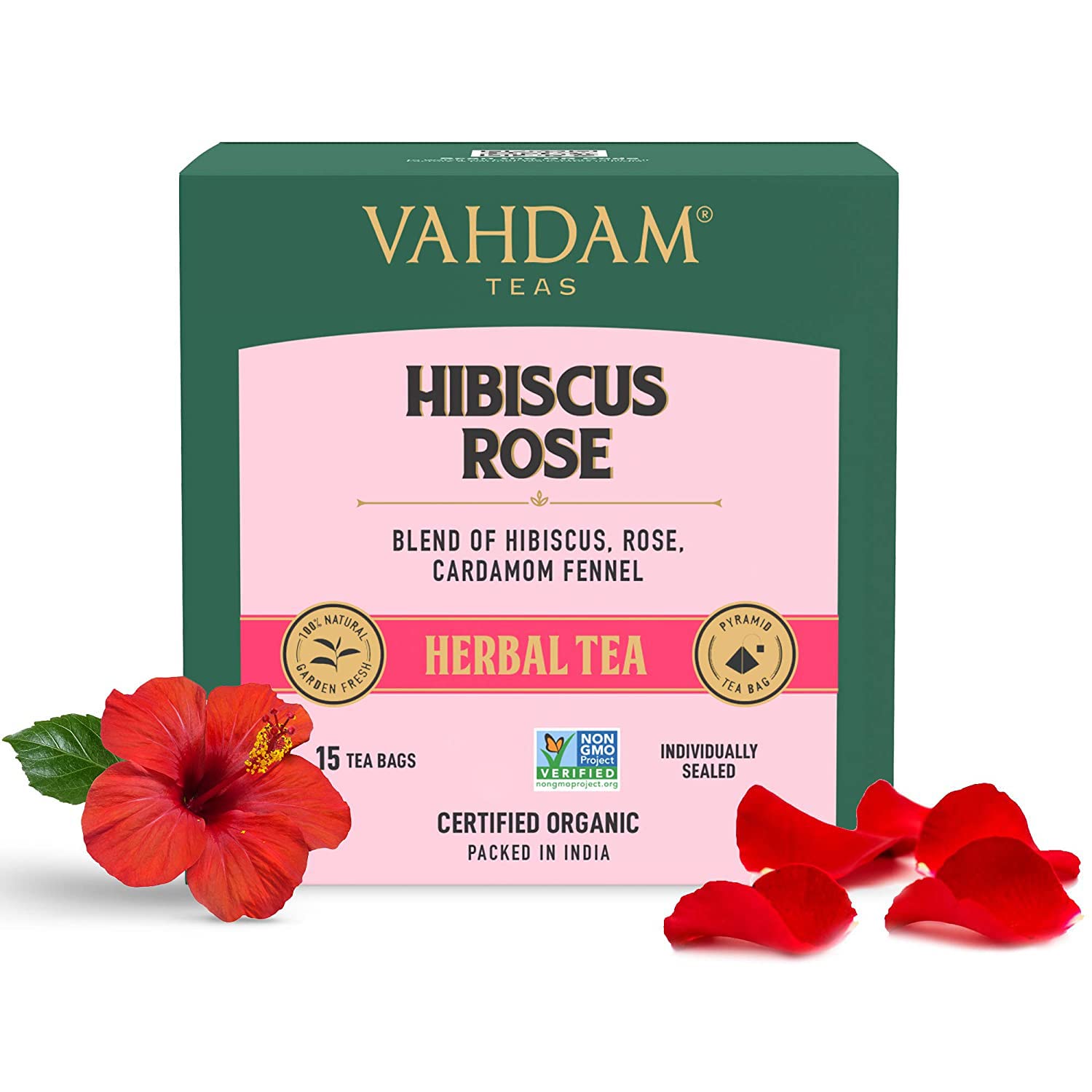 VAHDAM Hibiscus Rose Herbal Tea - 15 Pyramid Tea Bags | 100% Natural Ingredients - Hibiscus Rose Petals, Spices | Caffeine Free Floral Flavour Tisane