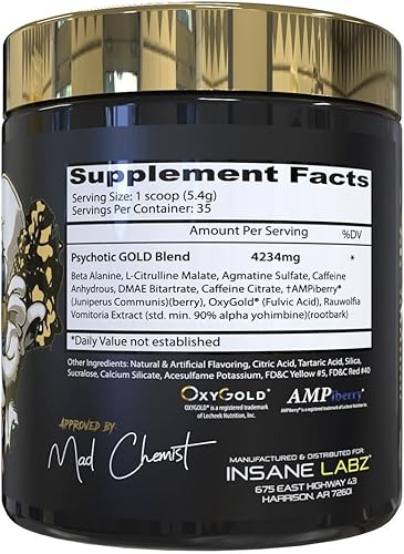 Miniatura 36 de Insane Labz Psychotic Gold - Polvo estimulante para pre entrenamiento, energía extrema, concentración, levantamiento de pesas y resistencia con beta