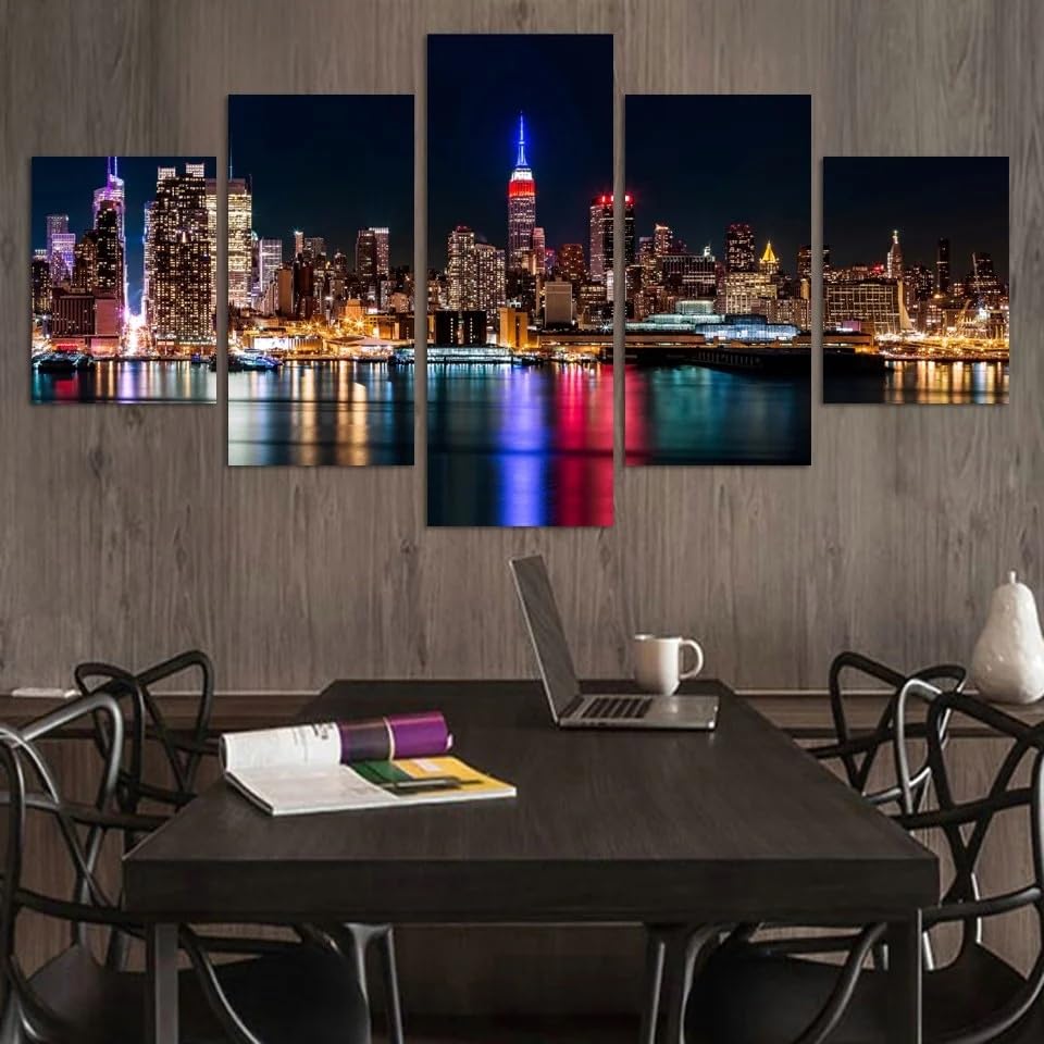 Tableau New York 5 parties avec cadre pour salon grand format de nuit