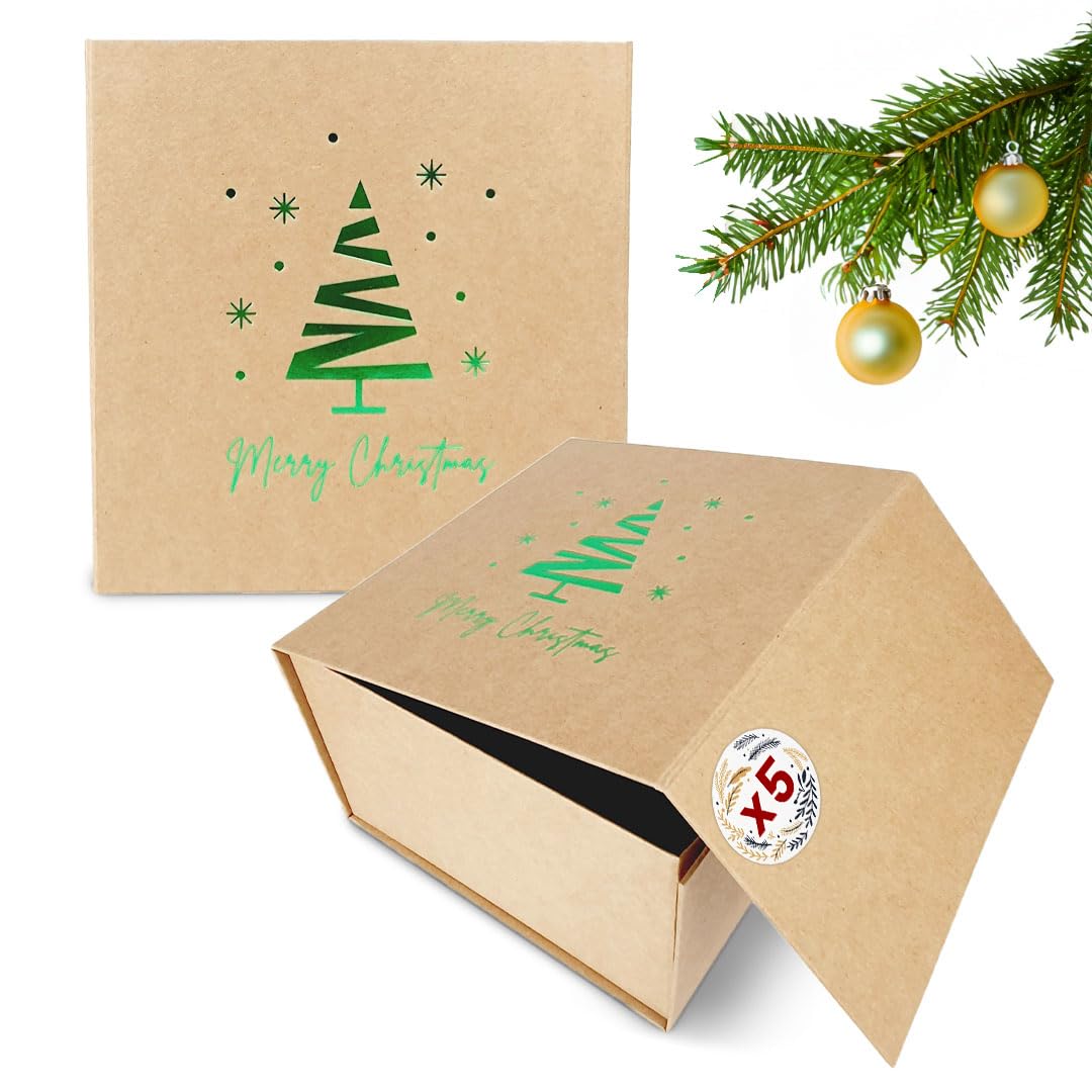 Verpackungswelt Geschenk-Box Weihnachten (5 Stk.) | 20x20x12 cm | Geschenk-Karton mit Deckel & Magnet-Verschluss | Für Weihnachts-Geschenke | Weihnachts-Verpackung mit Weihnachtsbaum-Motiv in Grün