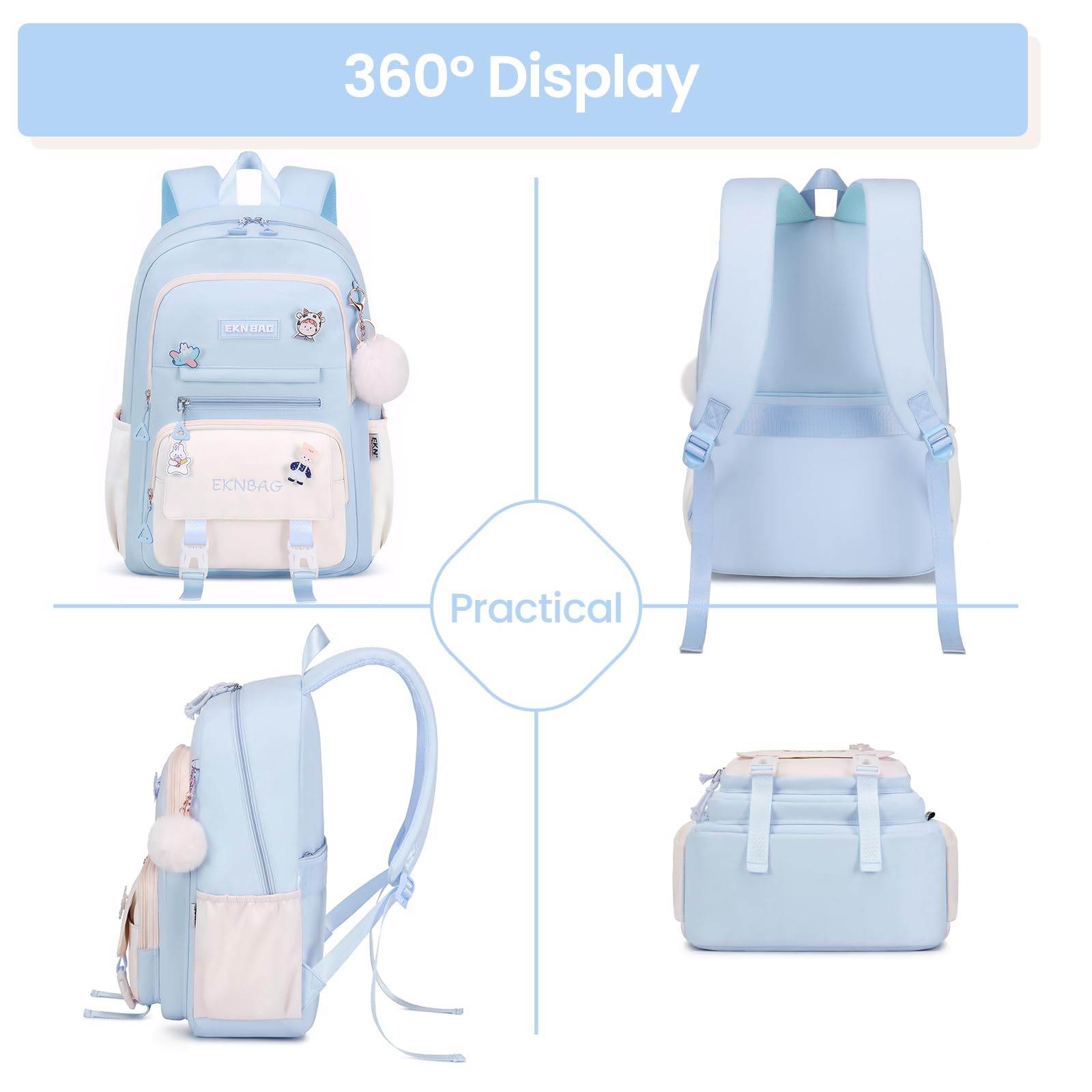 Tanou Cartable Fille Primaire, 20 Litres Sac a Dos College Fille Cartable Kawaii avec Pendentif, Léger Sac Ecole Primaire pour Enfants de 7 à 14 ans