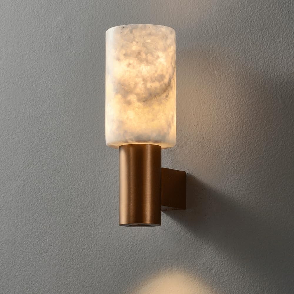Yvamnad Rose Gold Alabaster Wall Sconce- 9.84In Natural Marble Wall Sconces E14 Alabaster Wall Lights Modern Bathroom Vanity Wall Lamps 3000K Indoor Mid Century Marble Wall Lighting For Foyer Bedroom Living Room Stairs