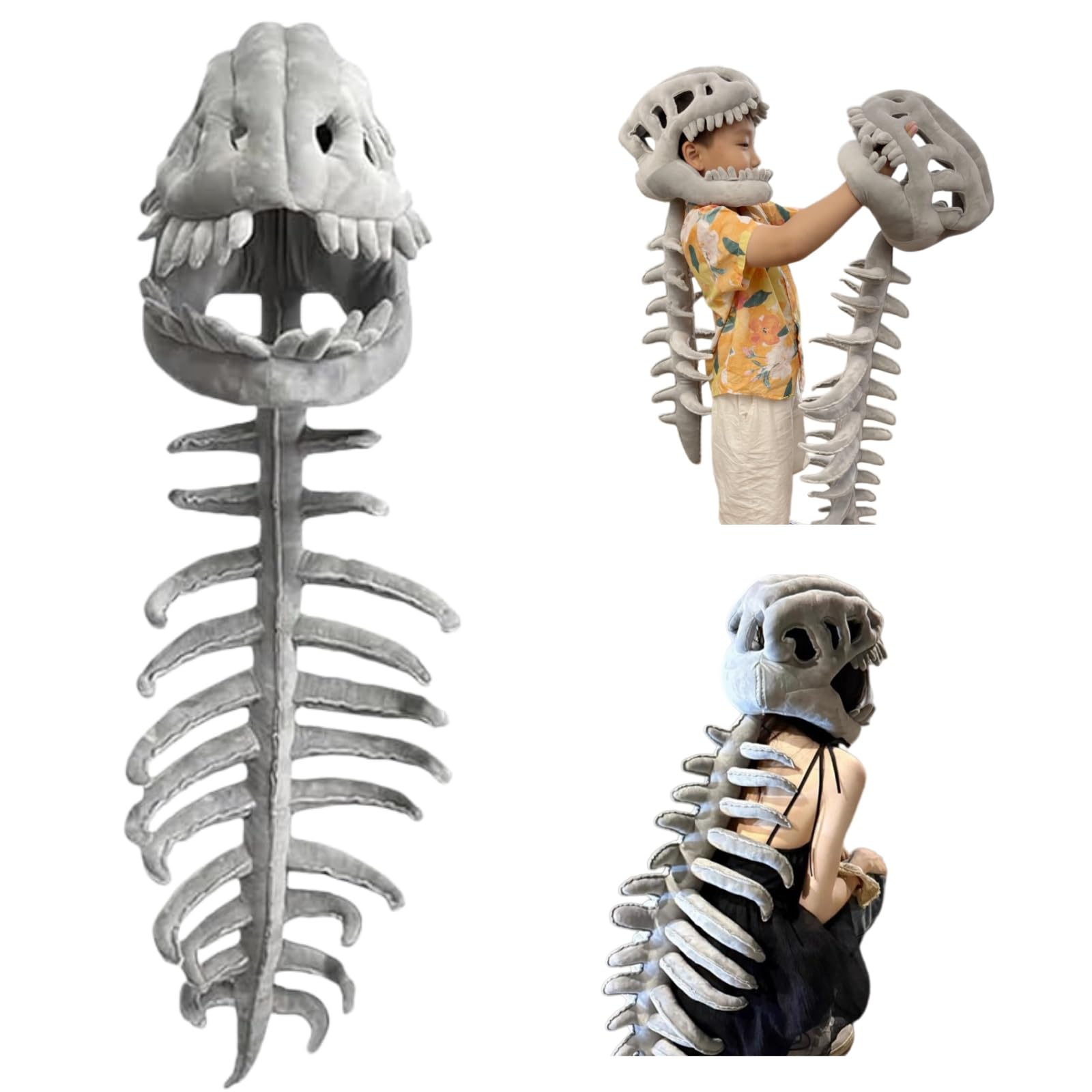 3D Wearable Realistic Skeleton Dinosaur Costume, Realistic Dinosaur Skeleton Costume Set Spinosaurus Plush Dino Funny Dino Headgear Hat for Halloween Cosplay Themed Parties
