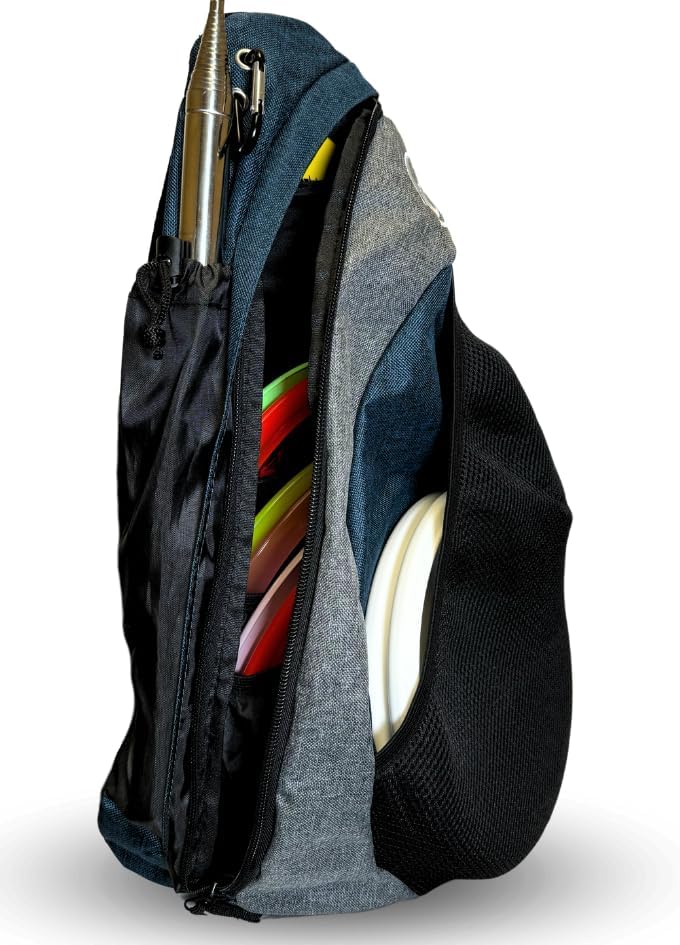 Tournament Slinger Bag | Carries 6-12 Disc Golf Discs | Includes Extra Pockets for Retriever and Mini (Blue/Grey)