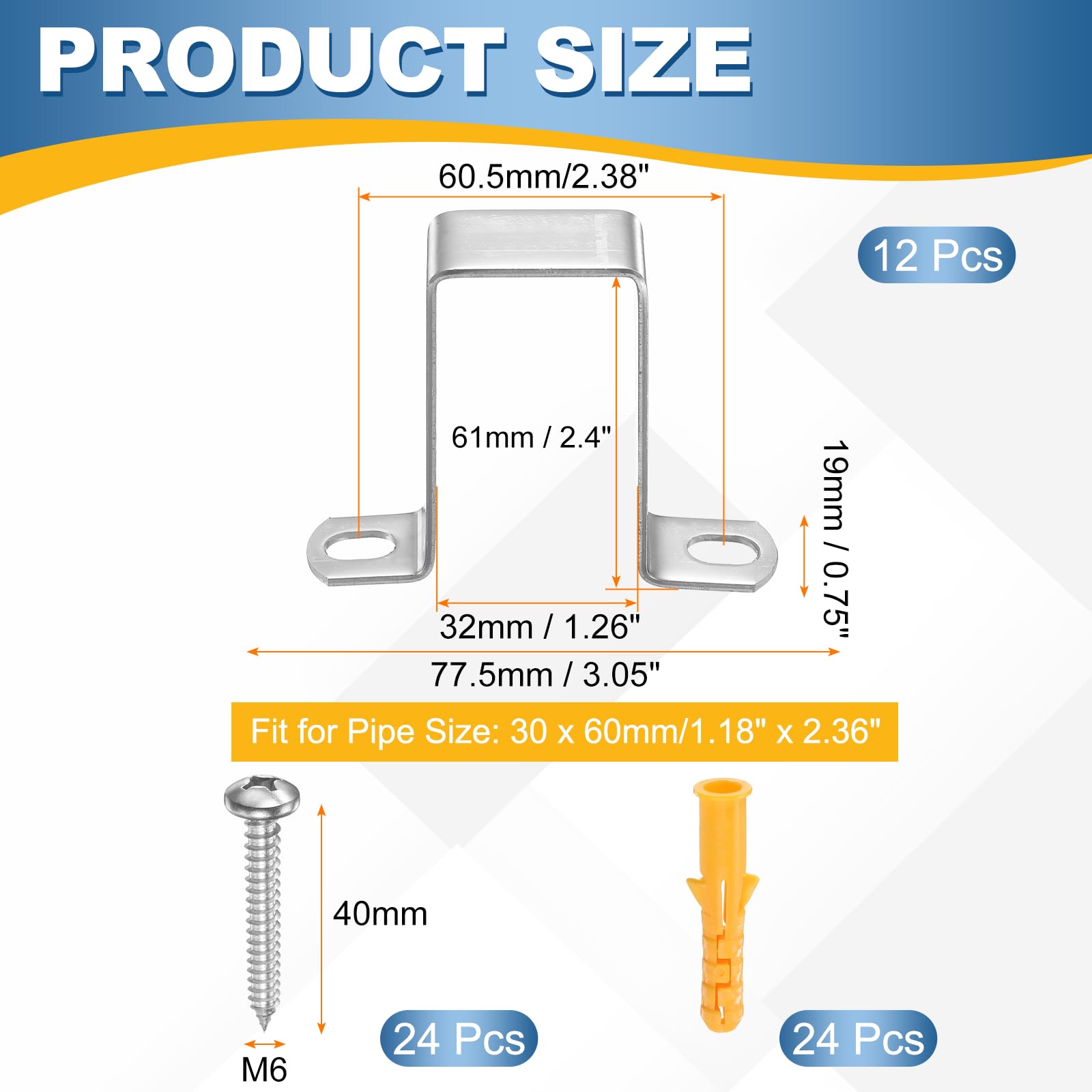 HARFINGTON 12 morsetti quadrati per tubi, 30 x 60 mm, in acciaio inox 304 | Morsetto a forma di U, staffa per connettore con fibbia a tubo quadrato con viti per tubo flessibile cavo recinzione ponte
