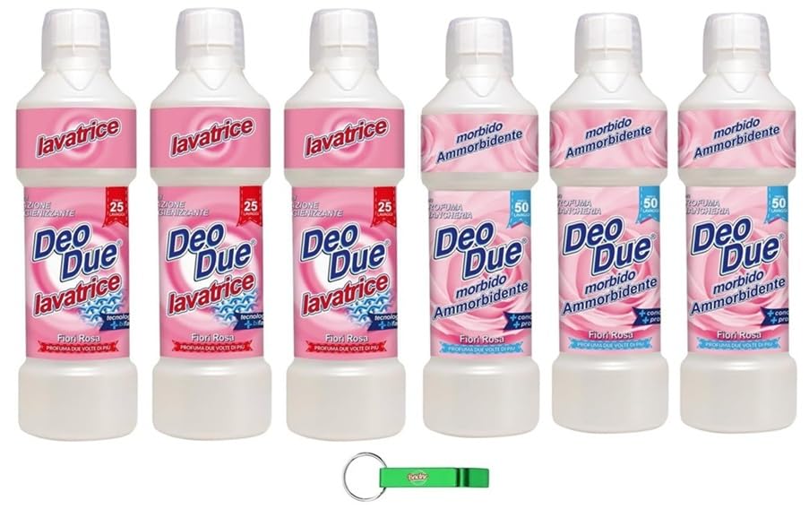 DEO DUE Testpaket Fiori Rosa, 3x Waschmittel 1Lt + 3x Weichspüler Konzentrat 1Lt + Beni Culinari Kostenloser Schlüsselanhänger