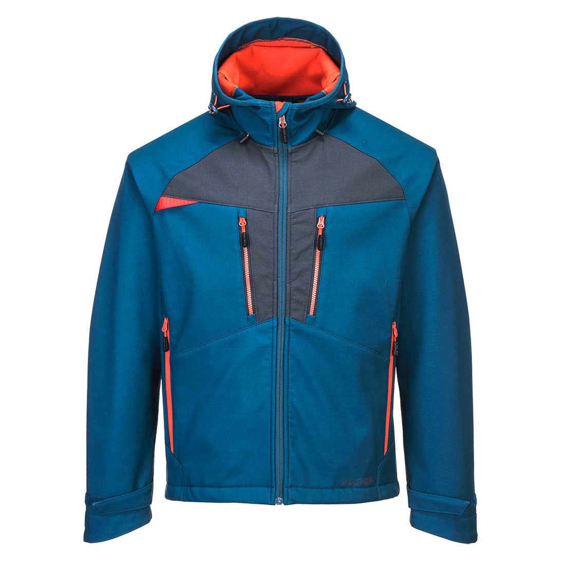 Portwest DX474 DX4 Hooded Softshell Jacket Waterproof Windproof Breathable 4-Way Stretch Work Jacket with Pockets Adjustable Fit for Work and Outdoor, Metro Blue, L