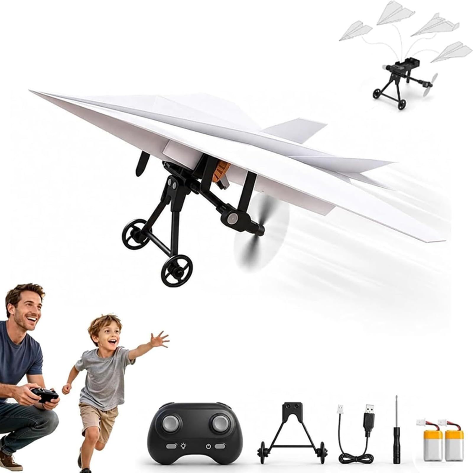 Rc Paper Airplane Kit with Gyro Stabilizer,DIY Electric Remote Control Plane with Dual Propellers, Lightweight Foldable Flying Stem Toy Micro Fixed Wing Drone for Kids Adults
