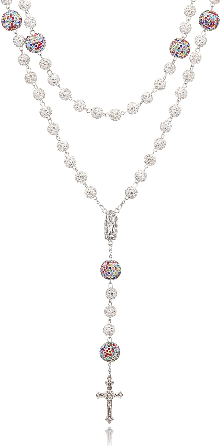 SKQIR Rosary Beads Catholic Crucifix Cross Necklace for Men Women Our Lady of Guadalupe Prayer Medal Jesus Wall Crucifix Cross Rosary Rhinestone Beads Religious Christian Jewelry Gifts for Men Women