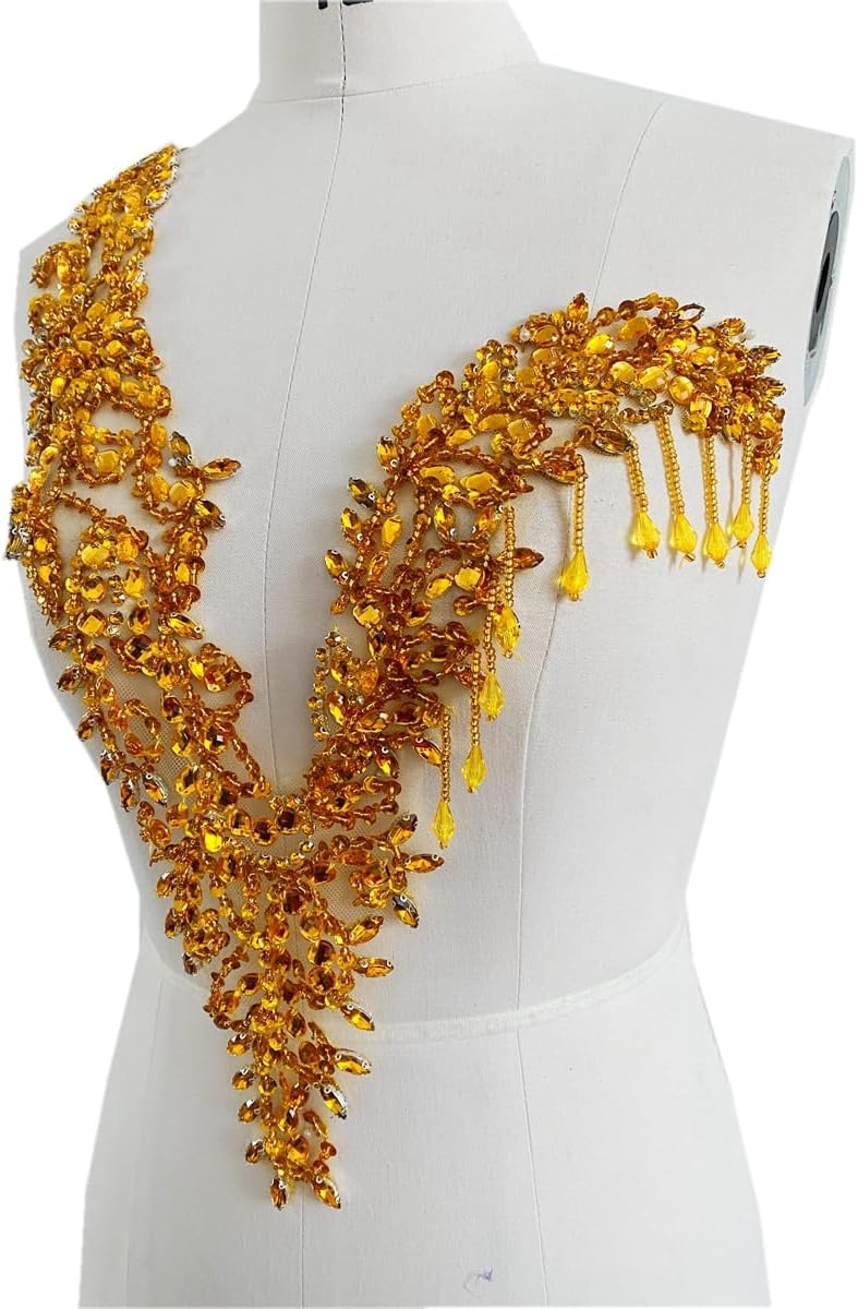 Unique Design handsewing Beads Applique sew on Rhinestones Crystal Sequins Tassel Patches Trimming for One-Shoulder Dress Shining Decoration Accessories 20X9.4 inches (Gold)