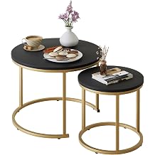 Huhote Round Coffee Tables, Set of 2 End Table, Nesting Tables, Side Table | Metal Gold Frame for Living Room/Bedroom/Balcony/Office/Apartment, Diameter 23.6/15.7 IN, Black Top, Prevent right angles